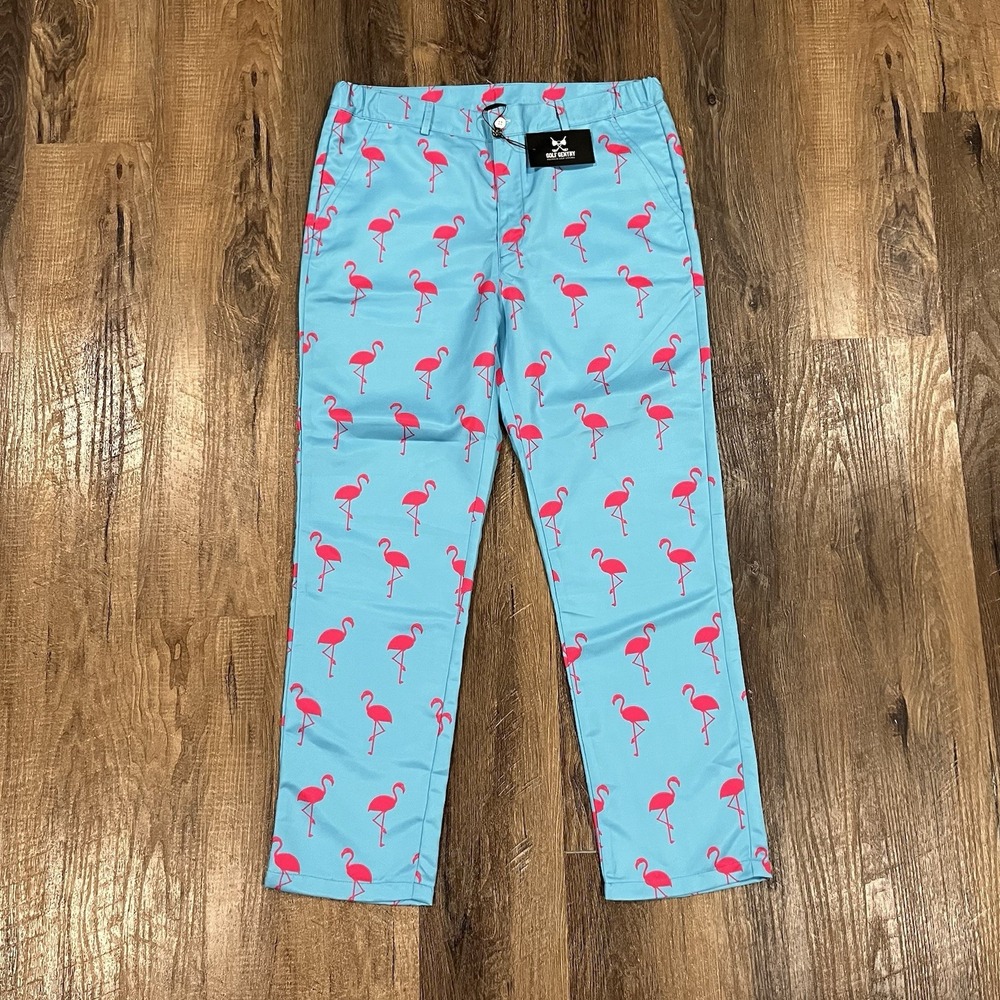 Golf Gentry Mens 36x30 Flamingo Print Golf Pants Black Pink Stretch NWT